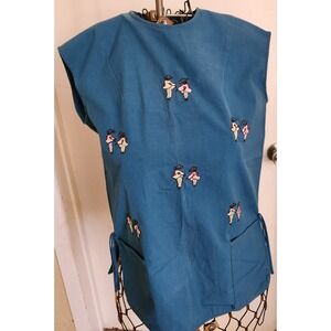 Small Blue Embroidered Frock, Smock,‎ Apron,Grandwear, Pockets, Button Up Back